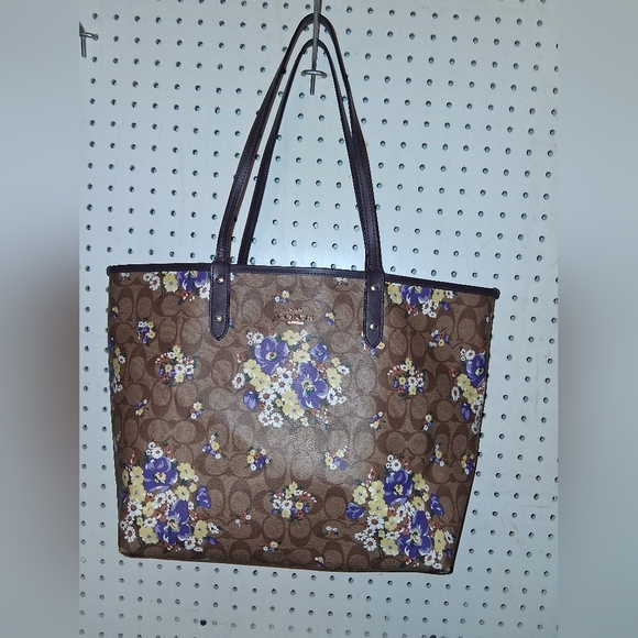 COACH Large Floral Brown Tote Bag Reversible Canvas W/Hangtag Exc.Condition!